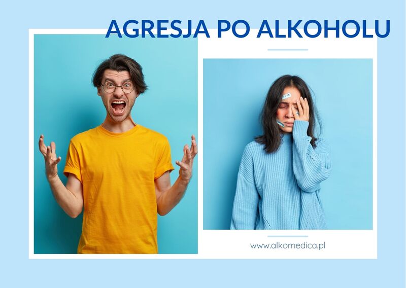 Po lewej stronie alkoholik w pomarańczowej koszulce pokazujący agresję, po prawej stronie kobieta w niebieskim swetrze z depresją trzymająca rękę na twarzy