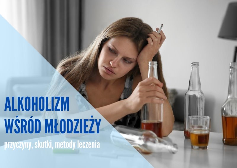 Młoda kobieta przy stole trzyma butelke alkoholu i papierosa